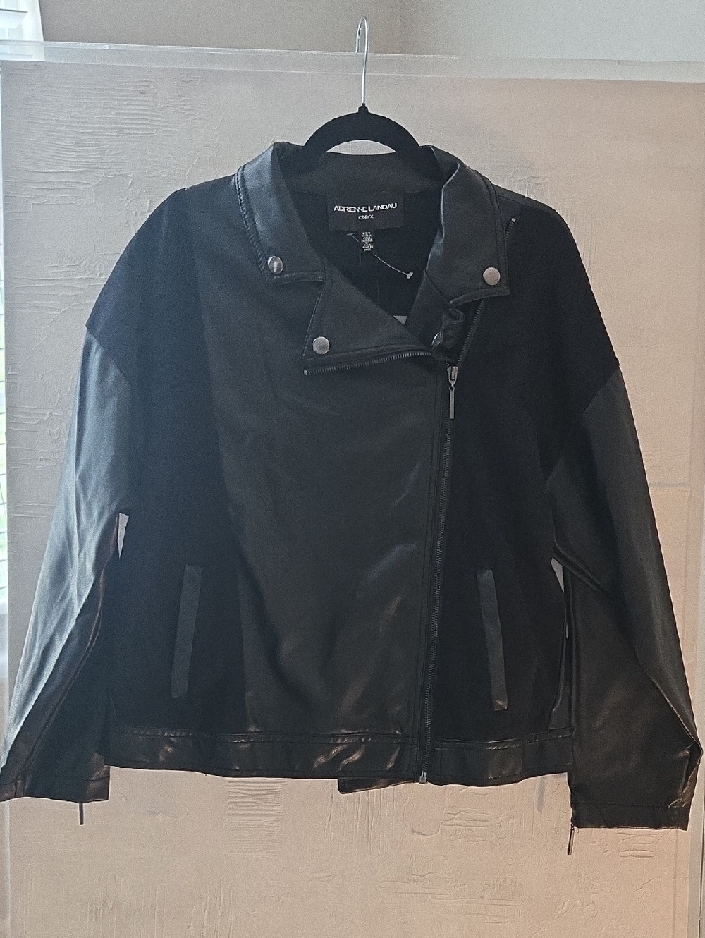 Adrienne Landau Black Faux Leather Asymmetric Zip Jacket